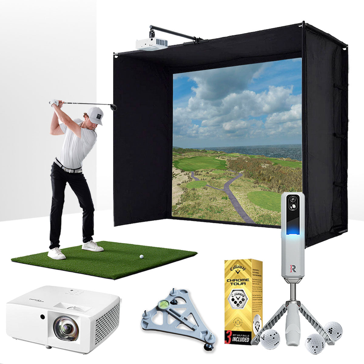 Rapsodo MLM2PRO with PlayBetter SimStudio™ ESSENTIALS Package | Golf Simulator Studio with Impact Screen, Enclosure, Hitting Mat, Projector & Alignment Stand