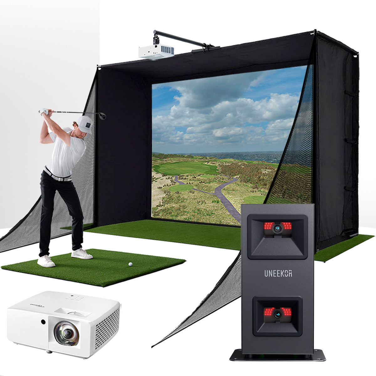 Uneekor EYE MINI LITE with PlayBetter SimStudio™ COMPLETE Package | Golf Simulator Studio with Impact Screen, Enclosure, Side Barriers, Hitting/Putting Mats & Projector