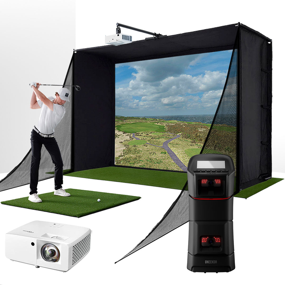 Uneekor EYE MINI with PlayBetter SimStudio™ COMPLETE Package | Golf Simulator Studio with Impact Screen, Enclosure, Side Barriers, Hitting/Putting Mats & Projector