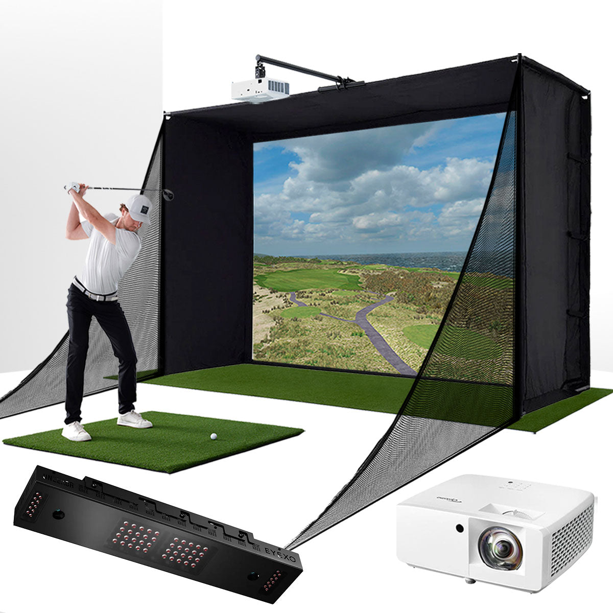 Uneekor EYE XO with PlayBetter SimStudio™ COMPLETE Package | Golf Simulator Studio with Impact Screen, Enclosure, Side Barriers, Hitting/Putting Mats & Projector
