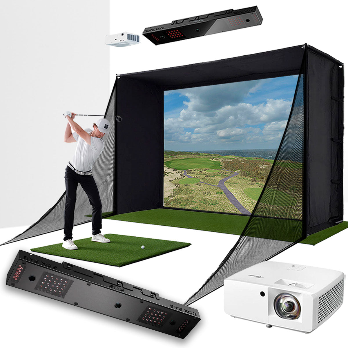 Uneekor EYE XO2 with PlayBetter SimStudio™ COMPLETE Package | Golf Simulator Studio with Impact Screen, Enclosure, Side Barriers, Hitting/Putting Mats & Projector