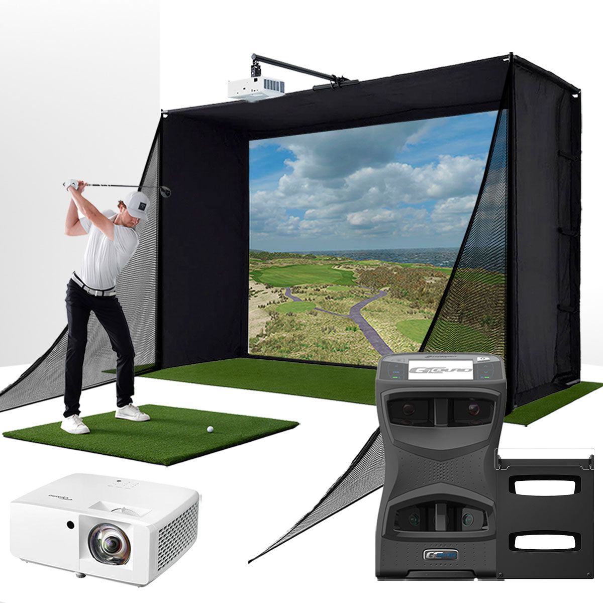Foresight GCQuad with PlayBetter SimStudio™ COMPLETE Package | Golf Simulator Studio with Impact Screen, Enclosure, Side Barriers, Hitting/Putting Mats, Projector & Protective Case