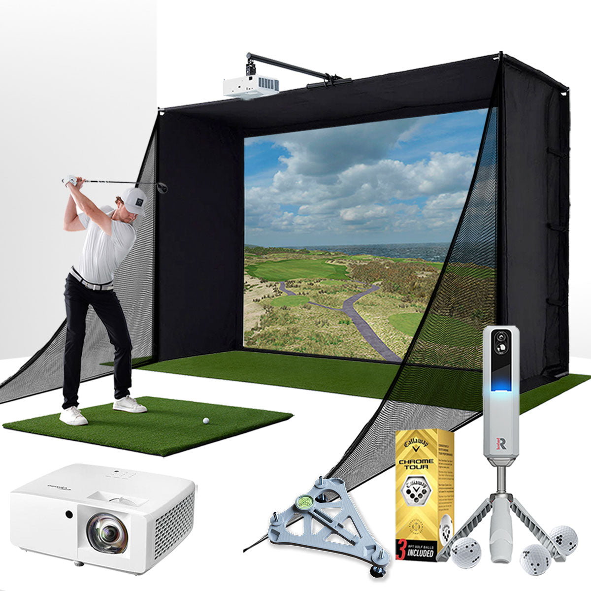 Rapsodo MLM2PRO with PlayBetter SimStudio™ COMPLETE Package | Golf Simulator Studio with Impact Screen, Enclosure, Side Barriers, Hitting/Putting Mats, Projector & Alignment Stand