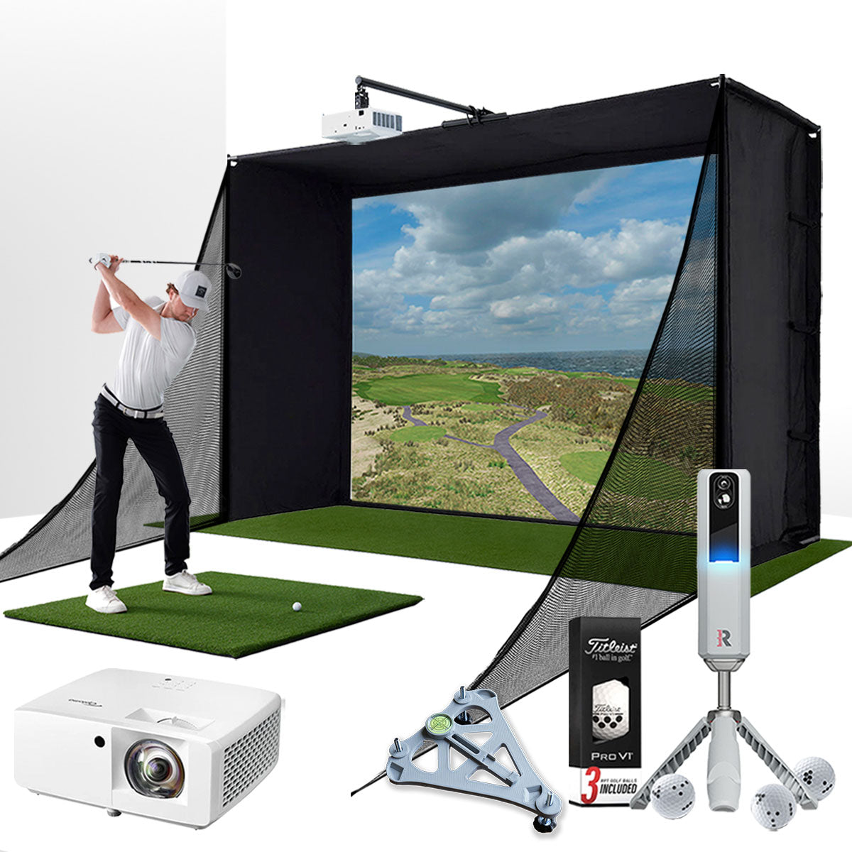 Rapsodo MLM2PRO with PlayBetter SimStudio™ COMPLETE Package | Golf Simulator Studio with Impact Screen, Enclosure, Side Barriers, Hitting/Putting Mats, Projector & Alignment Stand