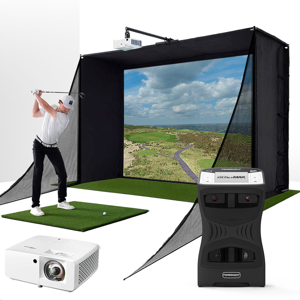 Foresight QuadMAX with PlayBetter SimStudio™ COMPLETE Package | Golf Simulator Studio with Impact Screen, Enclosure, Side Barriers, Hitting/Putting Mats & Projector