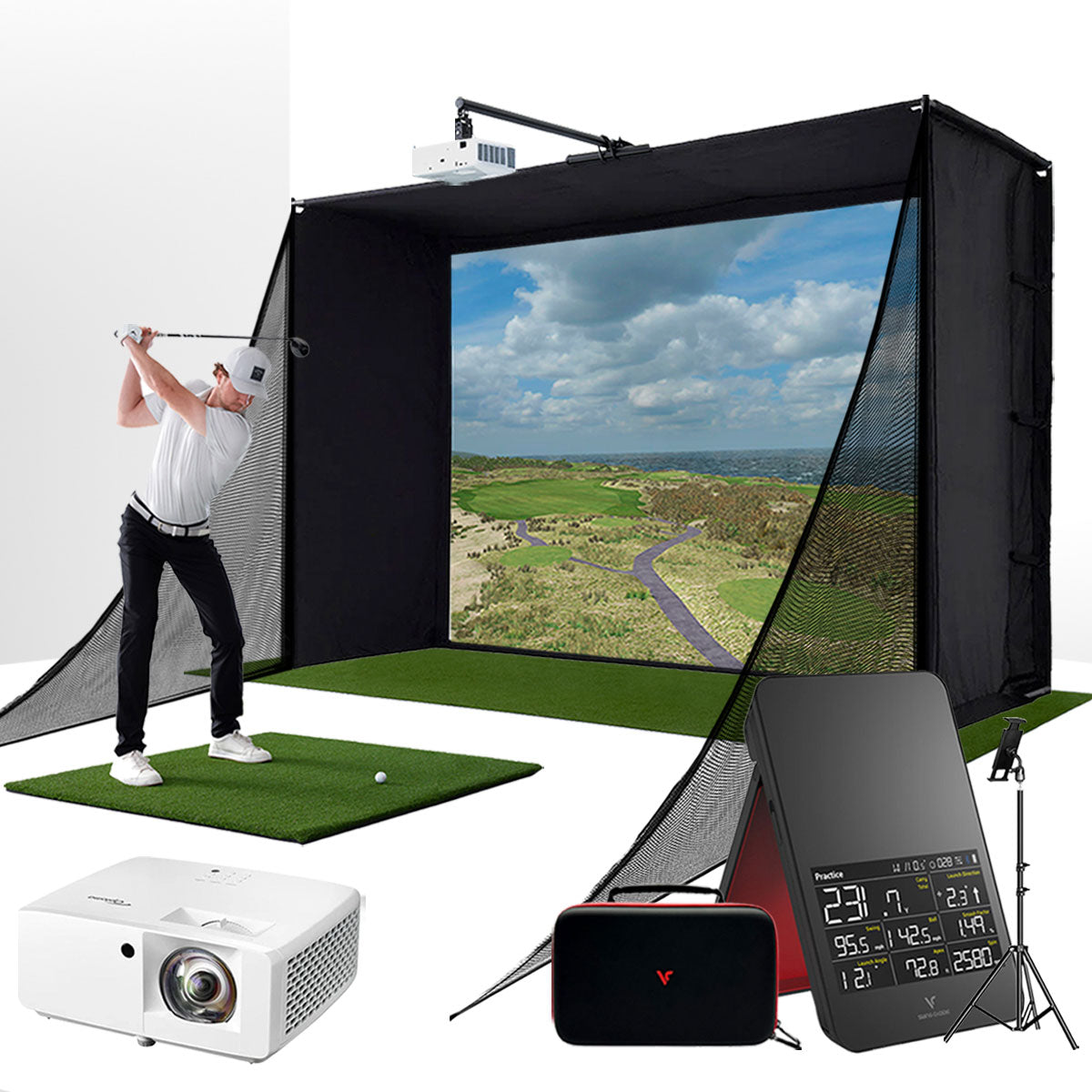 Swing Caddie SC4 PRO with PlayBetter SimStudio™ COMPLETE Package | Golf Simulator Studio with Impact Screen, Enclosure, Side Barriers, Hitting/Putting Mats, & Projector