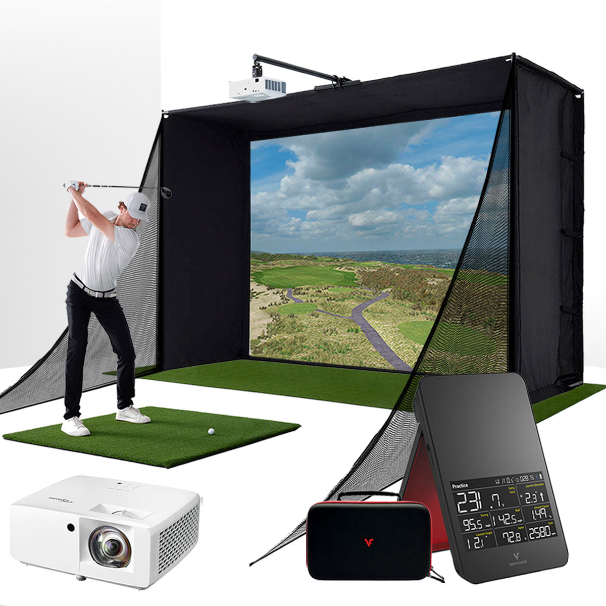 Swing Caddie SC4 PRO with PlayBetter SimStudio™ COMPLETE Package | Golf Simulator Studio with Impact Screen, Enclosure, Side Barriers, Hitting/Putting Mats, & Projector