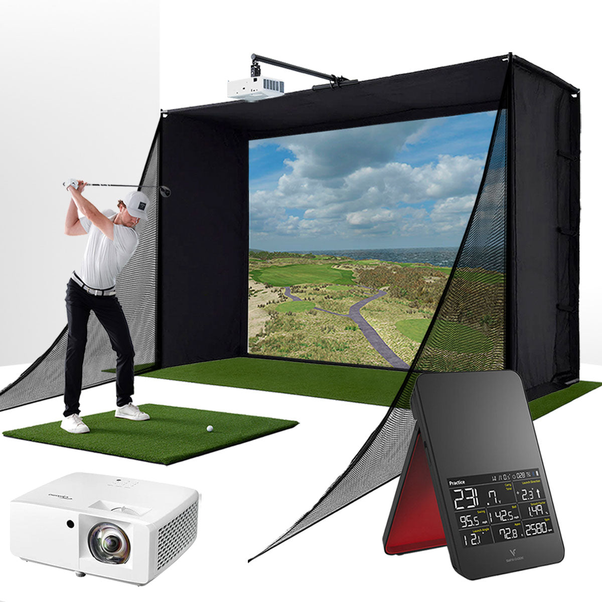 Swing Caddie SC4 PRO with PlayBetter SimStudio™ COMPLETE Package | Golf Simulator Studio with Impact Screen, Enclosure, Side Barriers, Hitting/Putting Mats, & Projector