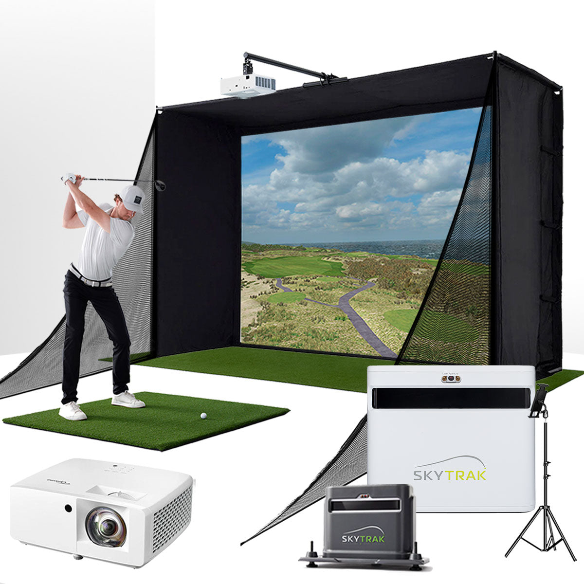 SkyTrak+ with PlayBetter SimStudio™ COMPLETE Package | Golf Simulator Studio with Impact Screen, Enclosure, Side Barriers, Hitting/Putting Mats, Projector, Protective Case & 1-Year FREE Foresight Course Play