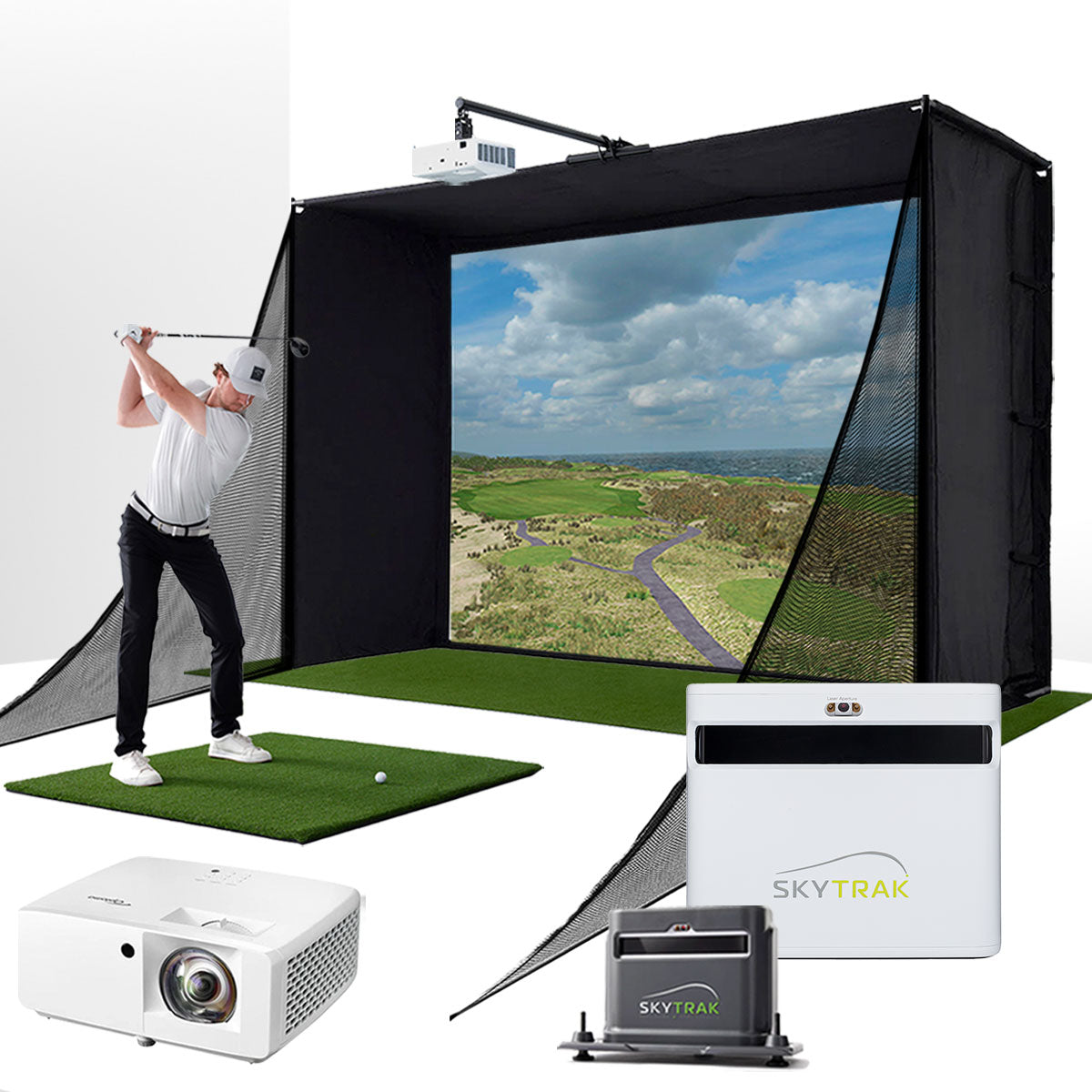 SkyTrak+ with PlayBetter SimStudio™ COMPLETE Package | Golf Simulator Studio with Impact Screen, Enclosure, Side Barriers, Hitting/Putting Mats, Projector, Protective Case & 1-Year FREE Foresight Course Play