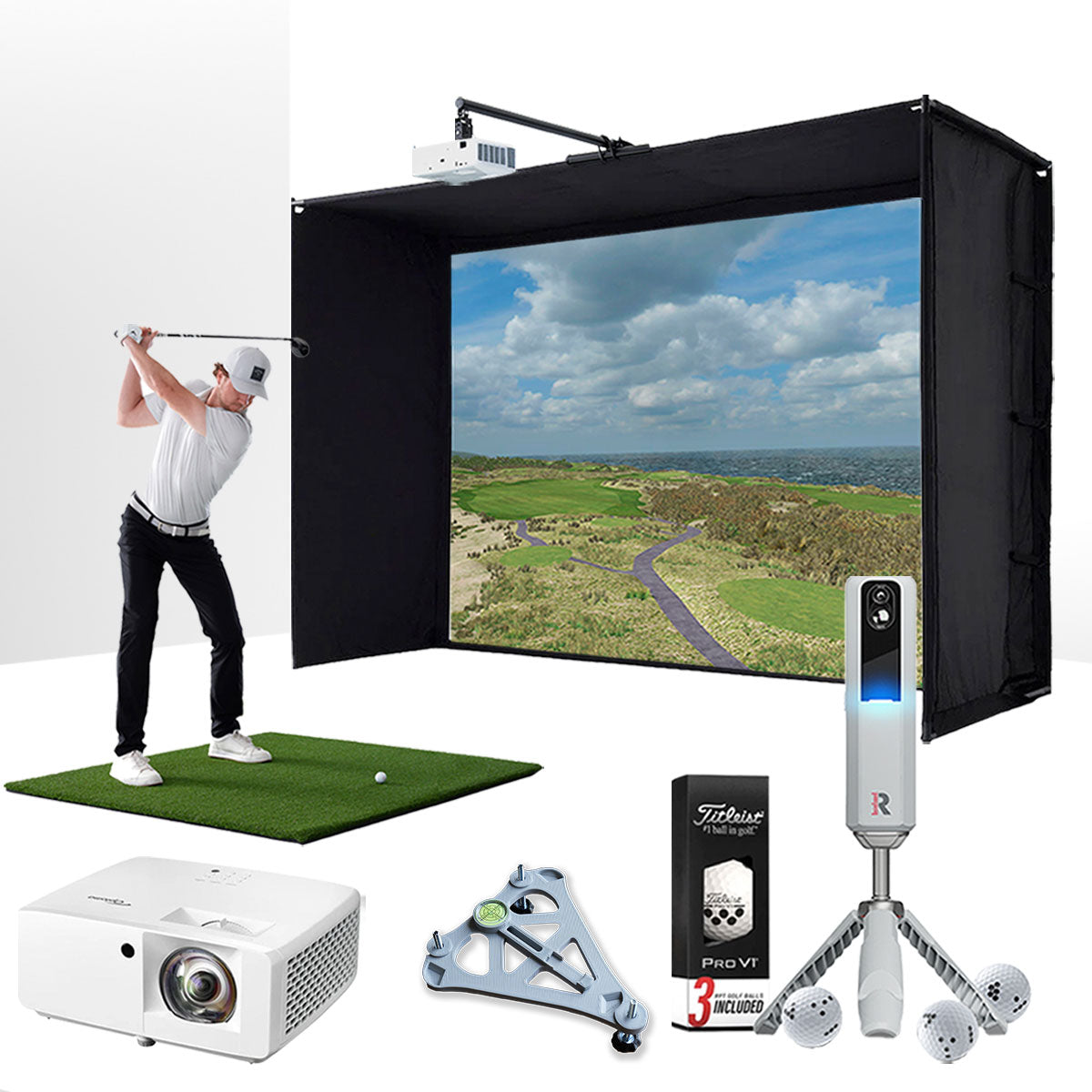 Rapsodo MLM2PRO with PlayBetter SimStudio™ ESSENTIALS Package | Golf Simulator Studio with Impact Screen, Enclosure, Hitting Mat, Projector & Alignment Stand