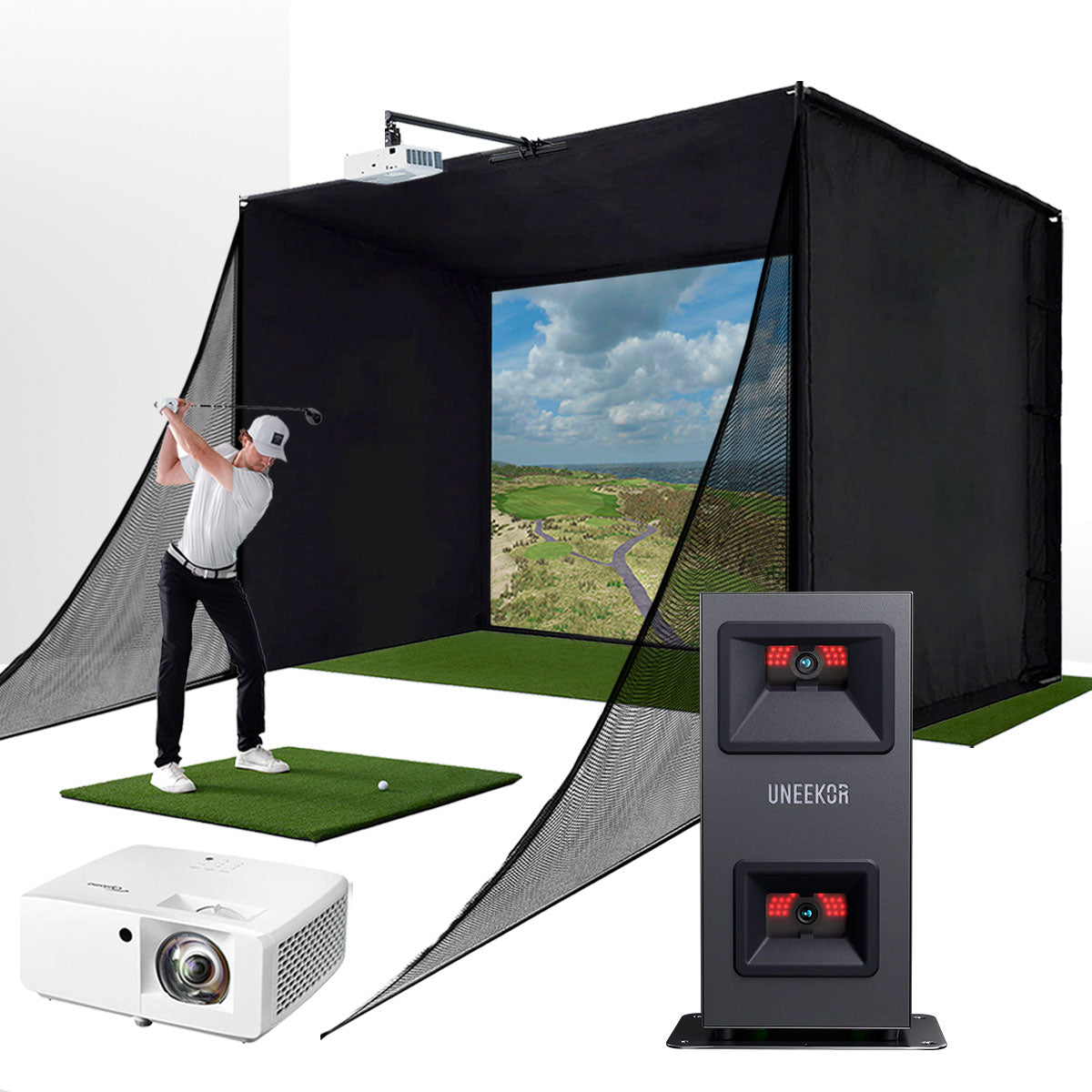 Uneekor EYE MINI LITE with PlayBetter SimStudio™ COMPLETE Package | Golf Simulator Studio with Impact Screen, Enclosure, Side Barriers, Hitting/Putting Mats & Projector