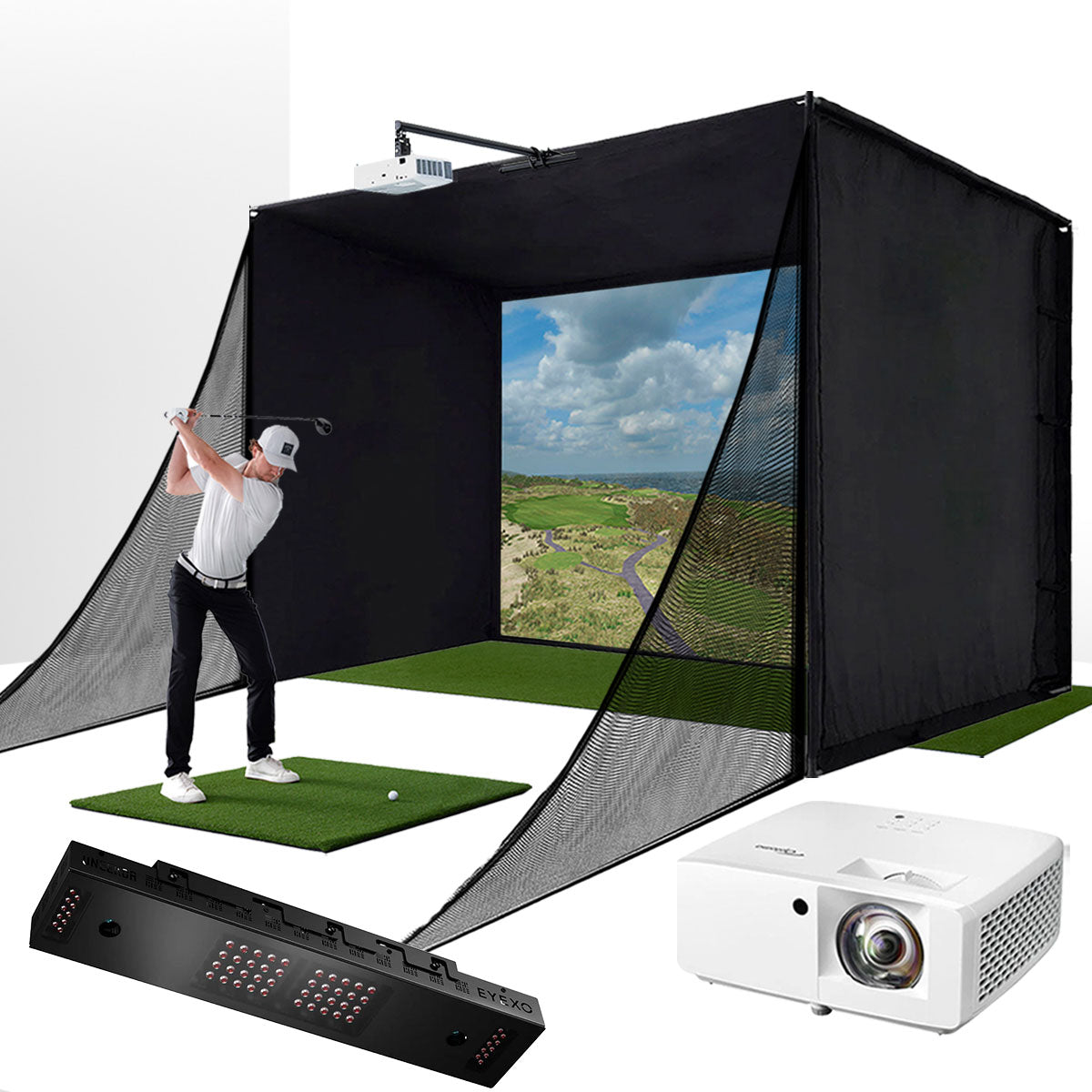Uneekor EYE XO with PlayBetter SimStudio™ COMPLETE Package | Golf Simulator Studio with Impact Screen, Enclosure, Side Barriers, Hitting/Putting Mats & Projector