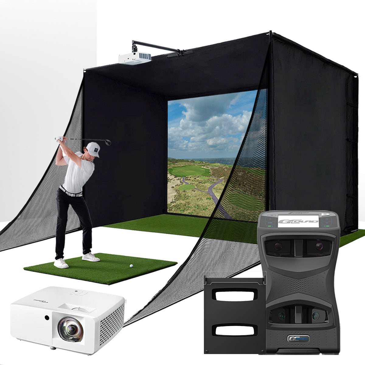 Foresight GCQuad with PlayBetter SimStudio™ COMPLETE Package | Golf Simulator Studio with Impact Screen, Enclosure, Side Barriers, Hitting/Putting Mats, Projector & Protective Case