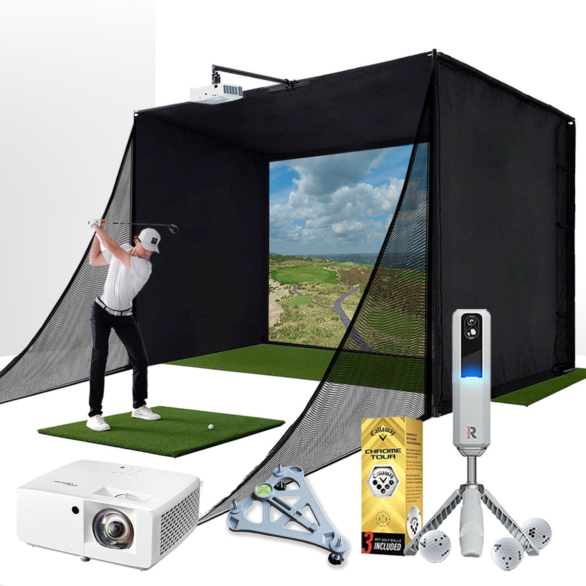 Rapsodo MLM2PRO with PlayBetter SimStudio™ COMPLETE Package | Golf Simulator Studio with Impact Screen, Enclosure, Side Barriers, Hitting/Putting Mats, Projector & Alignment Stand