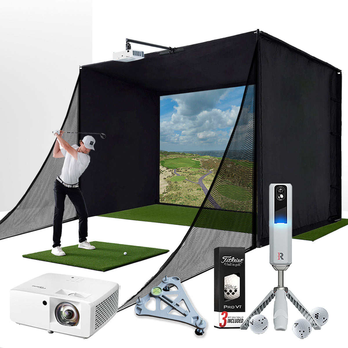 Rapsodo MLM2PRO with PlayBetter SimStudio™ COMPLETE Package | Golf Simulator Studio with Impact Screen, Enclosure, Side Barriers, Hitting/Putting Mats, Projector & Alignment Stand