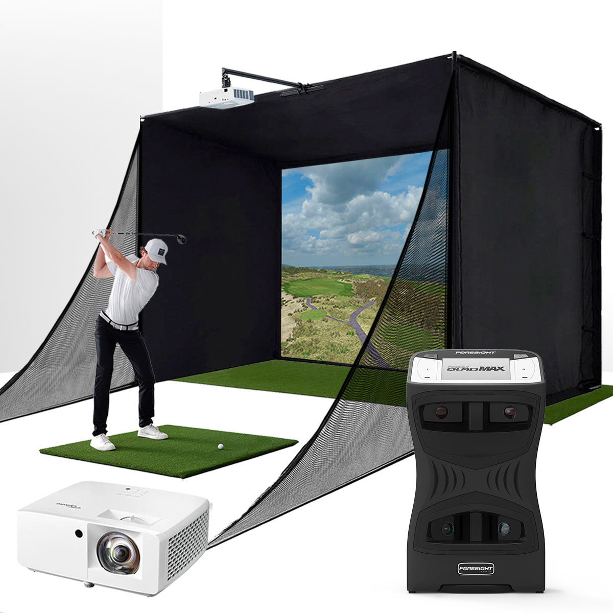 Foresight QuadMAX with PlayBetter SimStudio™ COMPLETE Package | Golf Simulator Studio with Impact Screen, Enclosure, Side Barriers, Hitting/Putting Mats & Projector