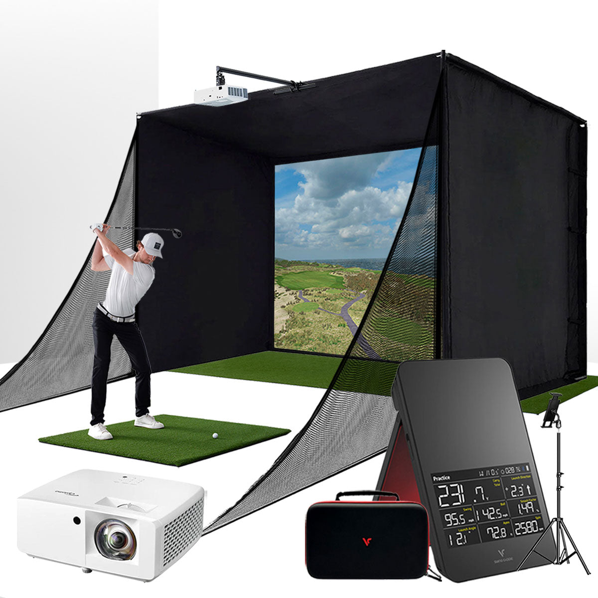 Swing Caddie SC4 PRO with PlayBetter SimStudio™ COMPLETE Package | Golf Simulator Studio with Impact Screen, Enclosure, Side Barriers, Hitting/Putting Mats, & Projector