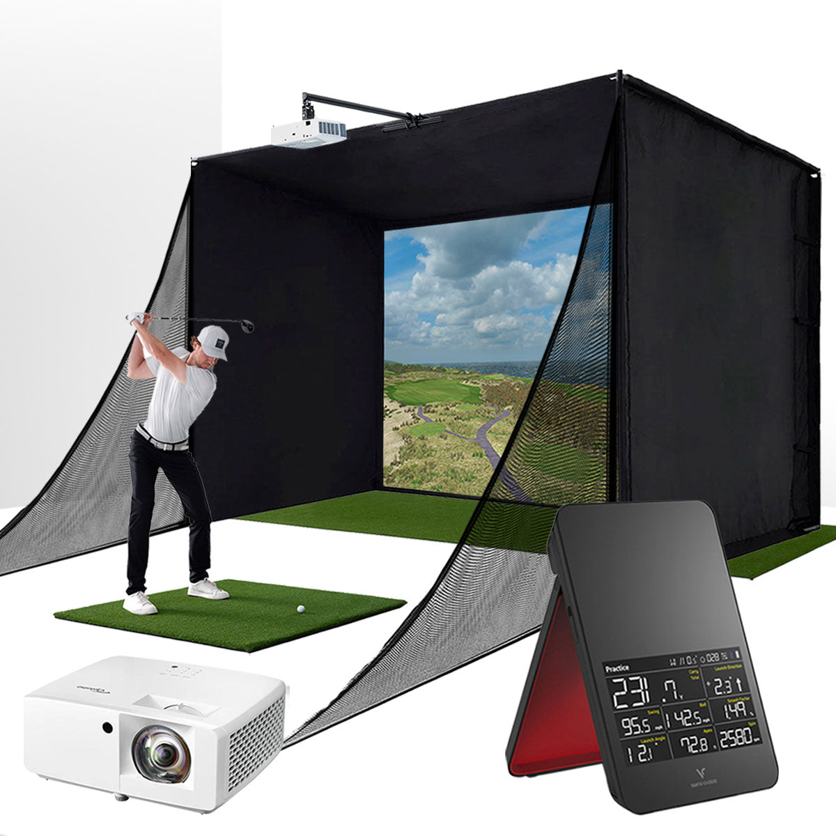 Swing Caddie SC4 PRO with PlayBetter SimStudio™ COMPLETE Package | Golf Simulator Studio with Impact Screen, Enclosure, Side Barriers, Hitting/Putting Mats, & Projector
