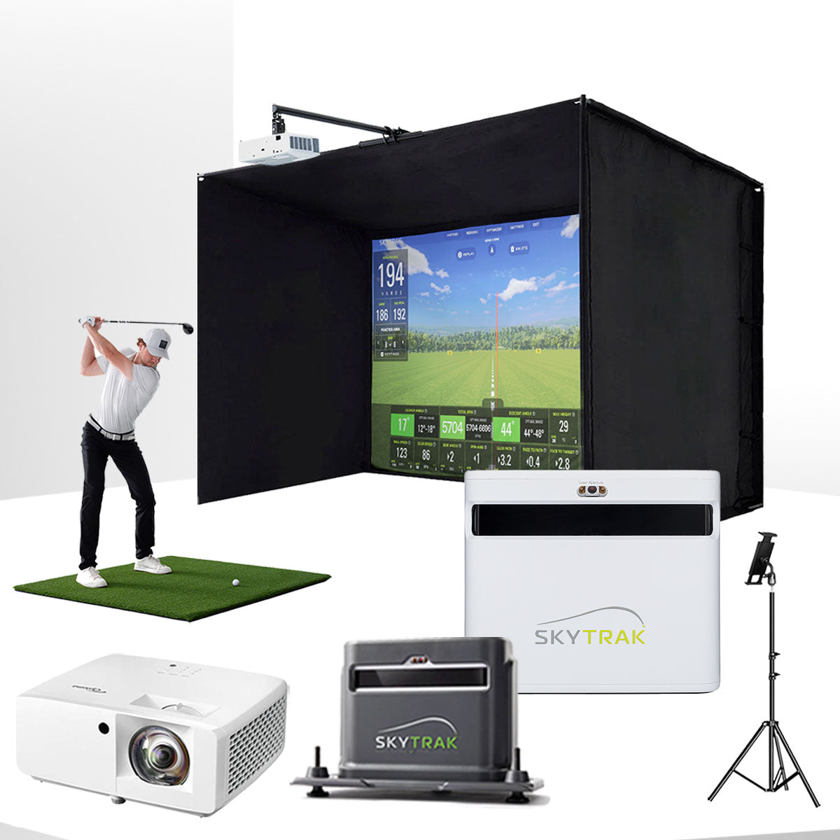 SkyTrak+ with PlayBetter SimStudio™ ESSENTIALS Package | Golf Simulator Studio with Impact Screen, Enclosure, Hitting Mat, Projector, Protective Case & 1-Year FREE Foresight Course Play