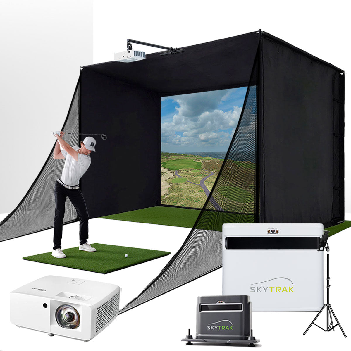 SkyTrak+ with PlayBetter SimStudio™ COMPLETE Package | Golf Simulator Studio with Impact Screen, Enclosure, Side Barriers, Hitting/Putting Mats, Projector, Protective Case & 1-Year FREE Foresight Course Play