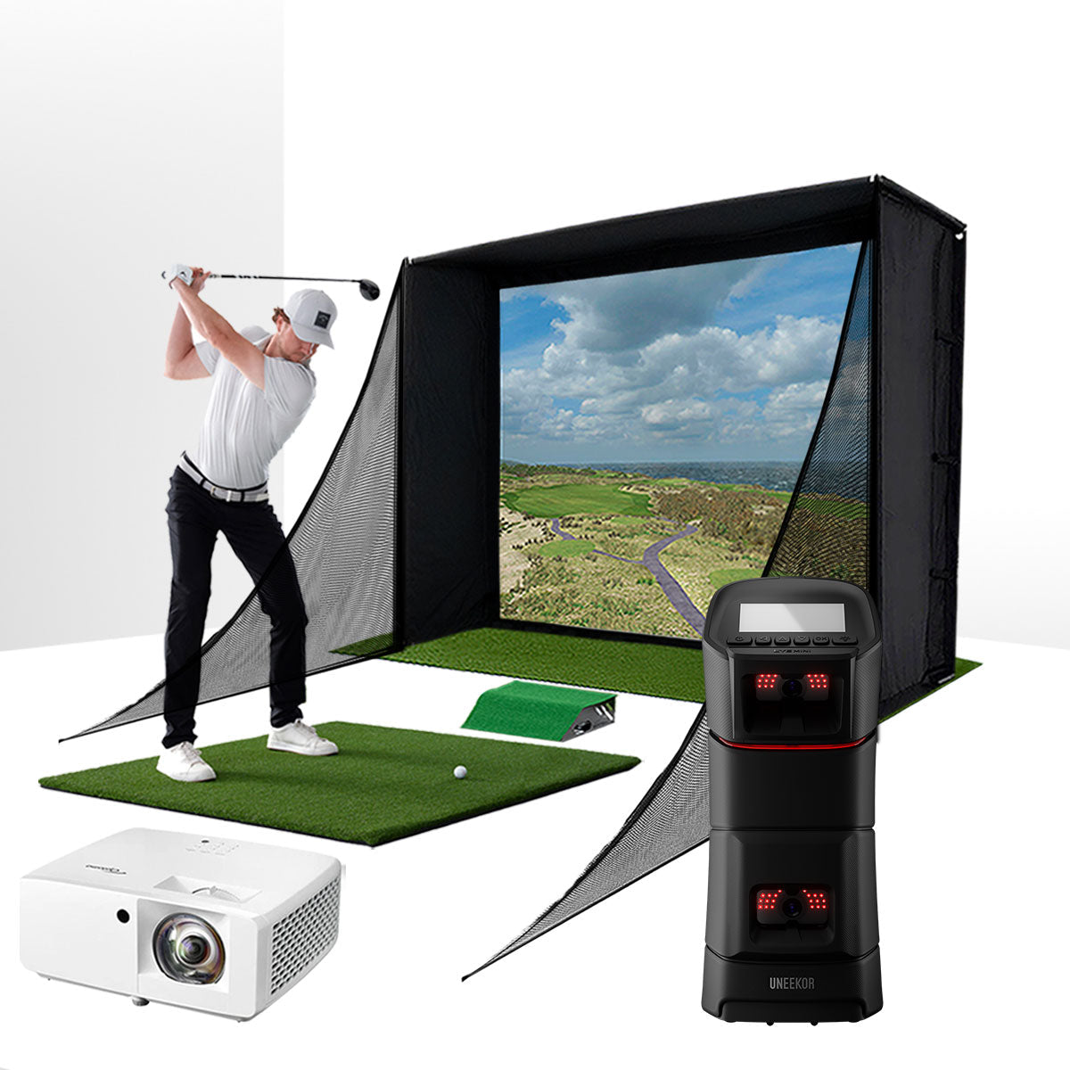 Uneekor EYE MINI with PlayBetter SimStudio™ COMPLETE Package | Golf Simulator Studio with Impact Screen, Enclosure, Side Barriers, Hitting/Putting Mats & Projector