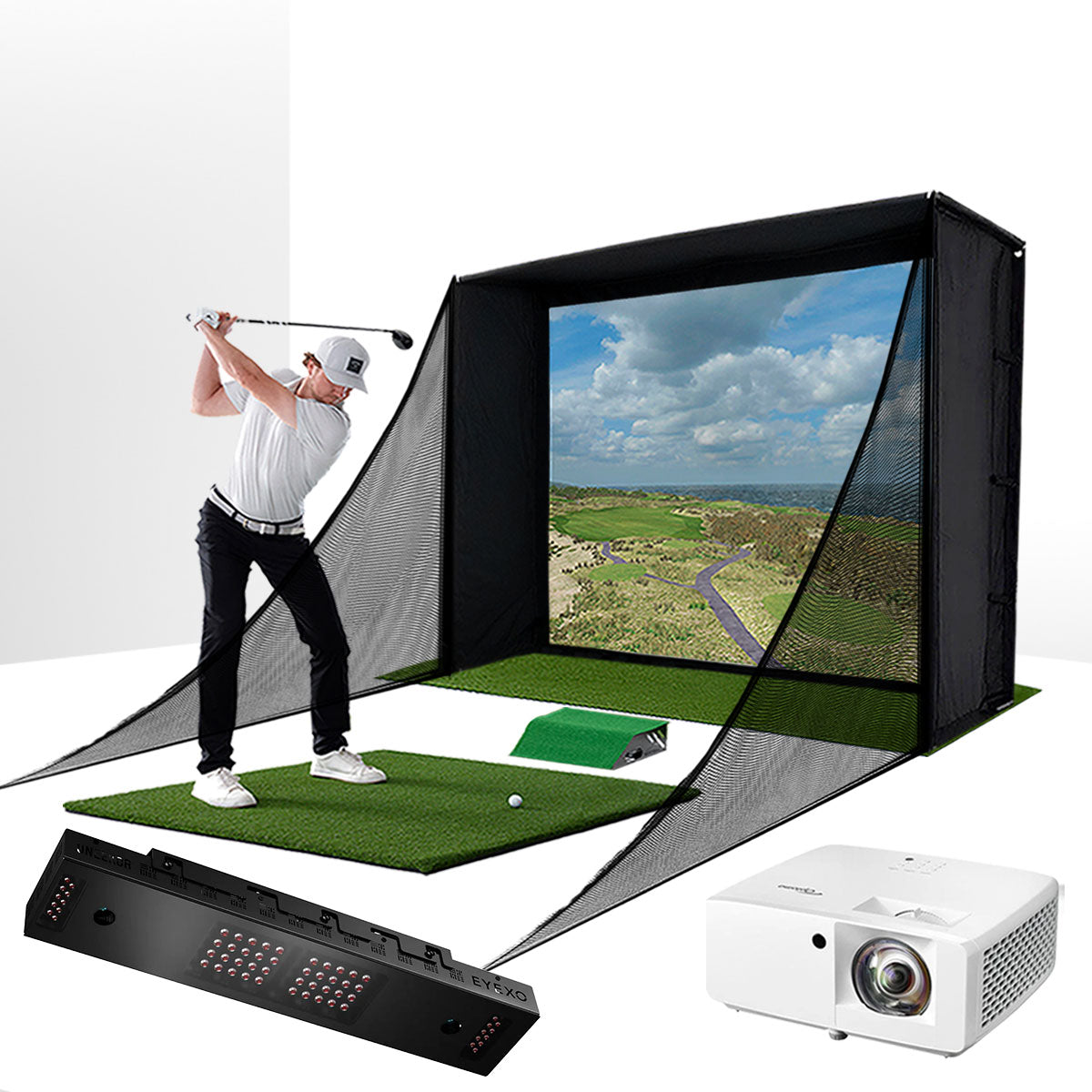 Uneekor EYE XO with PlayBetter SimStudio™ COMPLETE Package | Golf Simulator Studio with Impact Screen, Enclosure, Side Barriers, Hitting/Putting Mats & Projector