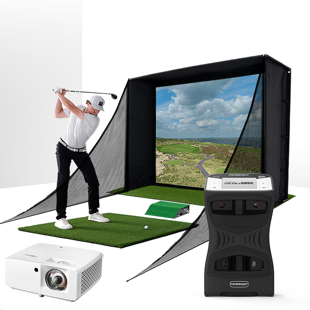 Foresight QuadMAX with PlayBetter SimStudio™ COMPLETE Package | Golf Simulator Studio with Impact Screen, Enclosure, Side Barriers, Hitting/Putting Mats & Projector