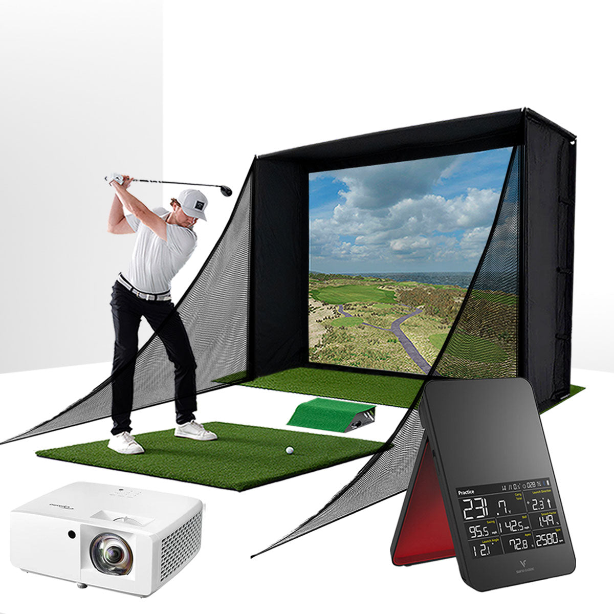 Swing Caddie SC4 PRO with PlayBetter SimStudio™ COMPLETE Package | Golf Simulator Studio with Impact Screen, Enclosure, Side Barriers, Hitting/Putting Mats, & Projector