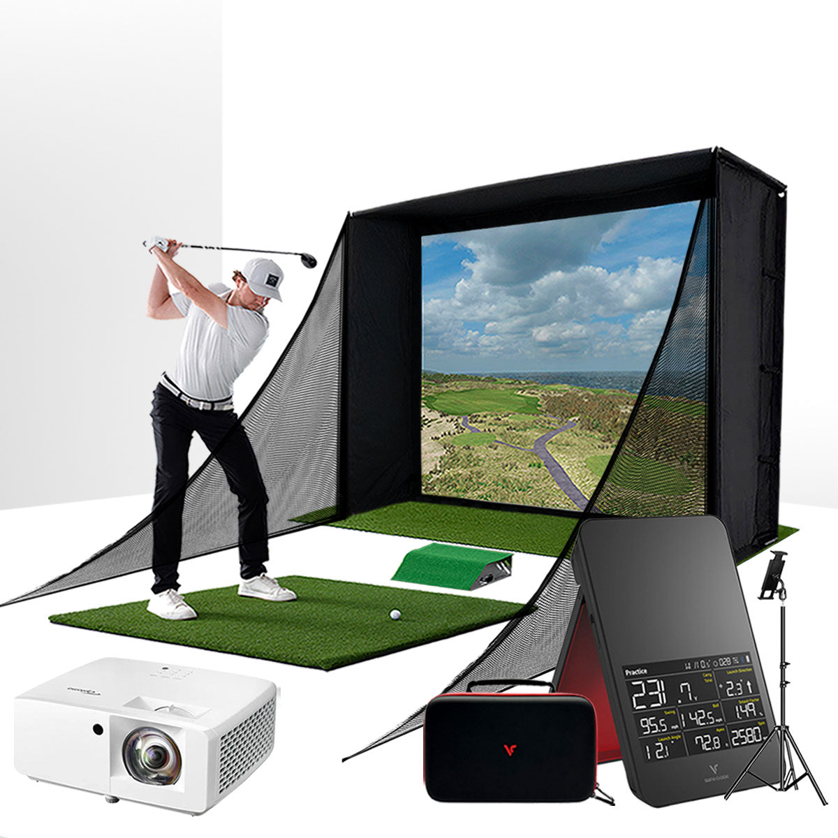 Swing Caddie SC4 PRO with PlayBetter SimStudio™ COMPLETE Package | Golf Simulator Studio with Impact Screen, Enclosure, Side Barriers, Hitting/Putting Mats, & Projector