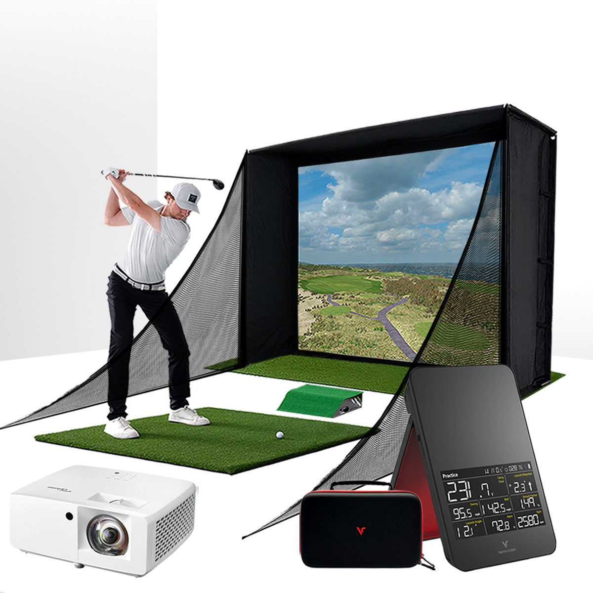 Swing Caddie SC4 PRO with PlayBetter SimStudio™ COMPLETE Package | Golf Simulator Studio with Impact Screen, Enclosure, Side Barriers, Hitting/Putting Mats, & Projector