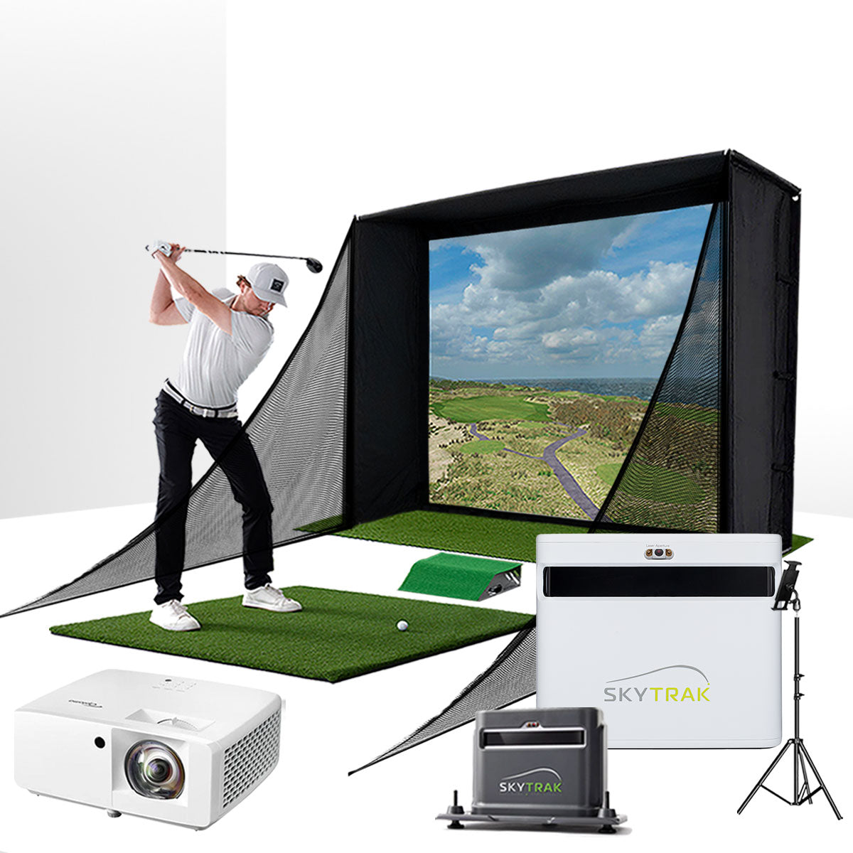 SkyTrak+ with PlayBetter SimStudio™ COMPLETE Package | Golf Simulator Studio with Impact Screen, Enclosure, Side Barriers, Hitting/Putting Mats, Projector, Protective Case & 1-Year FREE Foresight Course Play