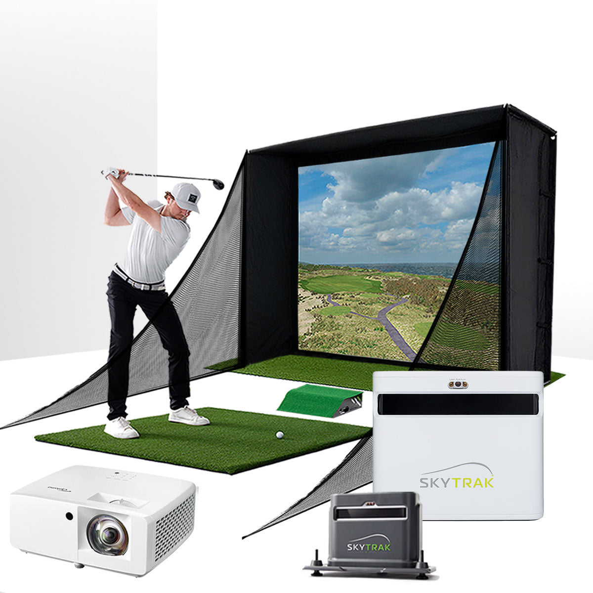 SkyTrak+ with PlayBetter SimStudio™ COMPLETE Package | Golf Simulator Studio with Impact Screen, Enclosure, Side Barriers, Hitting/Putting Mats, Projector, Protective Case & 1-Year FREE Foresight Course Play
