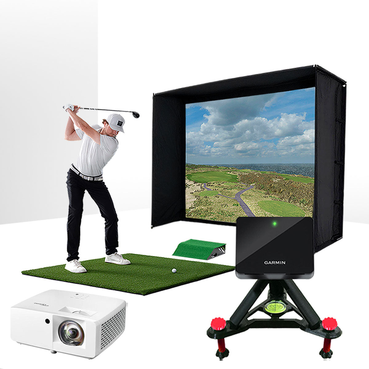 Garmin Approach R10 with PlayBetter SimStudio™ ESSENTIALS Package | Golf Simulator Studio with Impact Screen, Enclosure, Hitting Mat, Projector & Alignment Stand