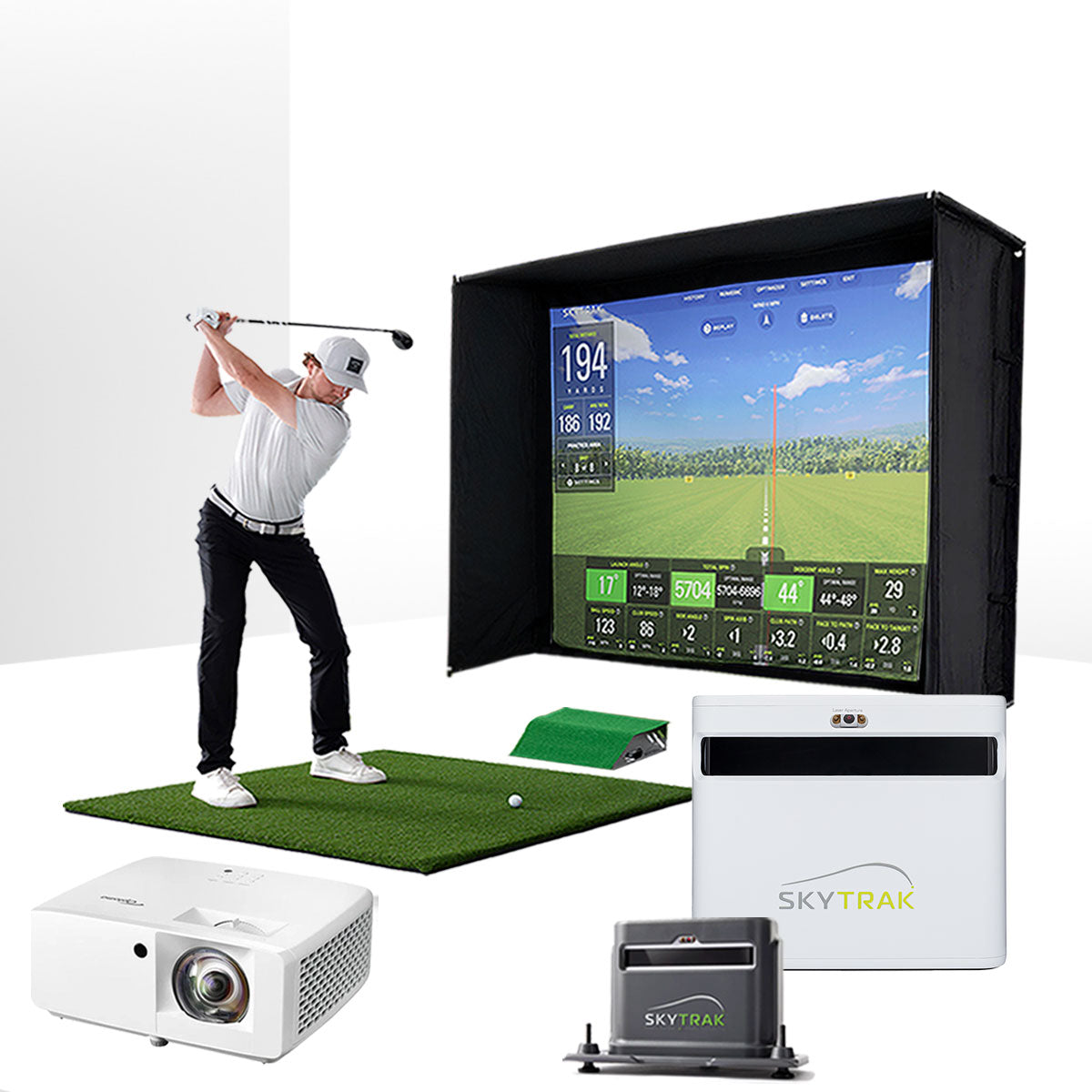 SkyTrak+ with PlayBetter SimStudio™ ESSENTIALS Package | Golf Simulator Studio with Impact Screen, Enclosure, Hitting Mat, Projector, Protective Case & 1-Year FREE Foresight Course Play