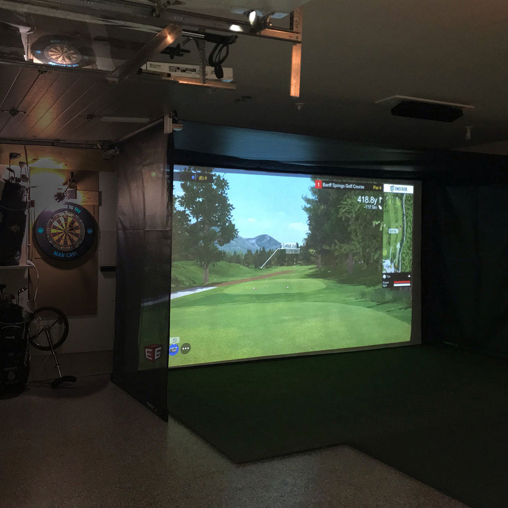 Blue Tees Golf Rainmaker SportScreen Vanish Retractable Golf Studio Complete Package | Home Golf Simulator Studio with Impact Screen, Enclosure, Hitting Mat, Putting Turf & Projector