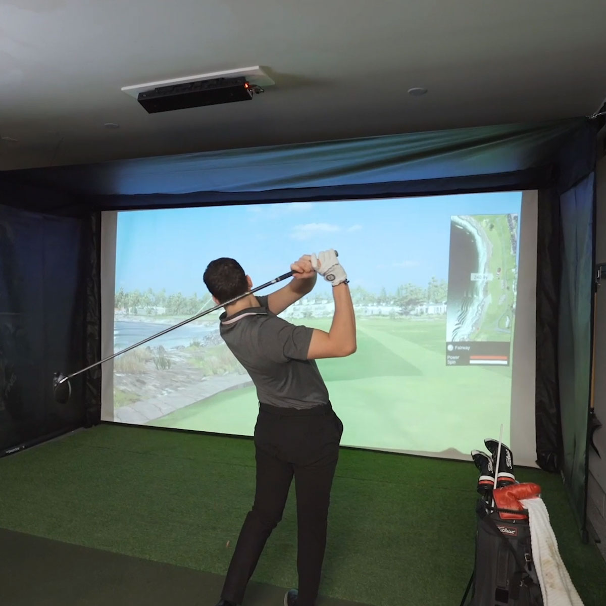 Uneekor EYE MINI LITE SportScreen Vanish Retractable Golf Studio Complete Package | Home Golf Simulator Studio with Impact Screen, Enclosure, Hitting Mat, Putting Turf & Projector
