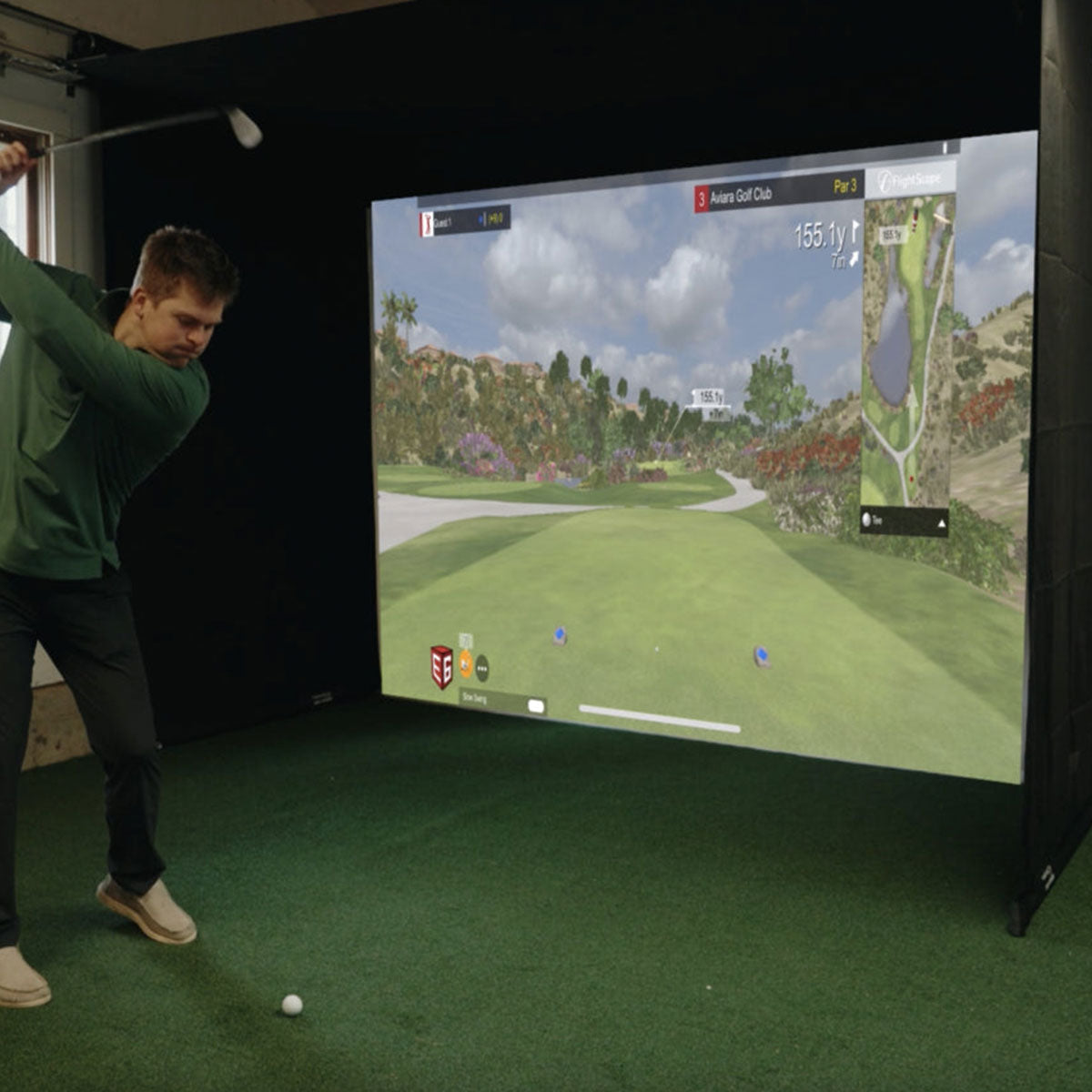 Uneekor EYE MINI SportScreen Vanish Retractable Golf Studio Complete Package | Home Golf Simulator Studio with Impact Screen, Enclosure, Hitting Mat, Putting Turf & Projector
