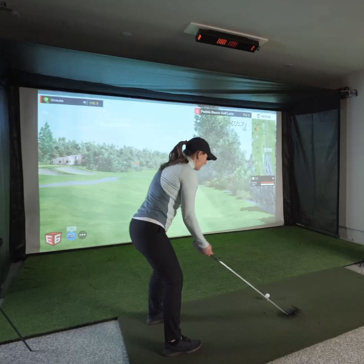 Blue Tees Golf Rainmaker SportScreen Vanish Retractable Golf Studio Complete Package | Home Golf Simulator Studio with Impact Screen, Enclosure, Hitting Mat, Putting Turf & Projector