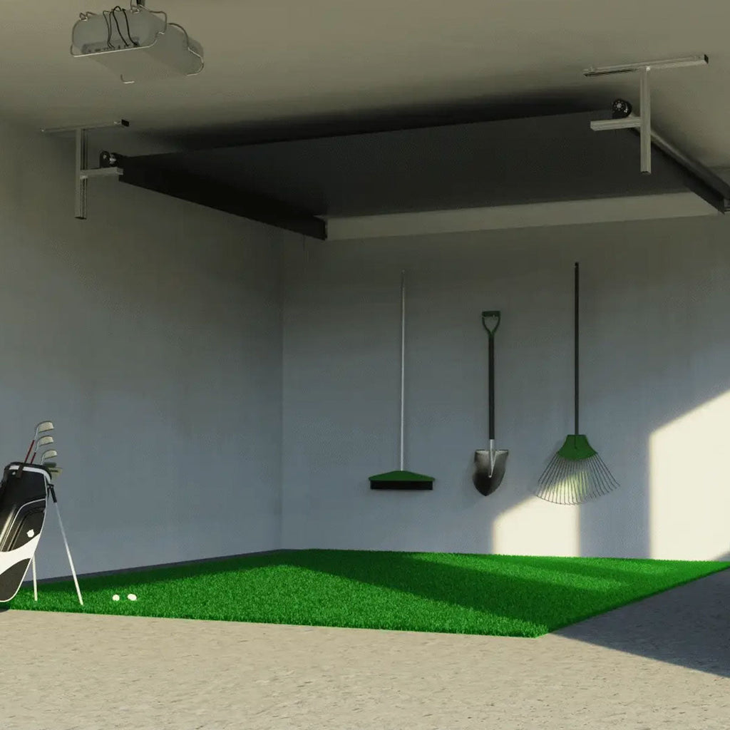 Uneekor EYE XO2 SportScreen Vanish Retractable Golf Studio Complete Package | Home Golf Simulator Studio with Impact Screen, Enclosure, Hitting Mat, Putting Turf & Projector