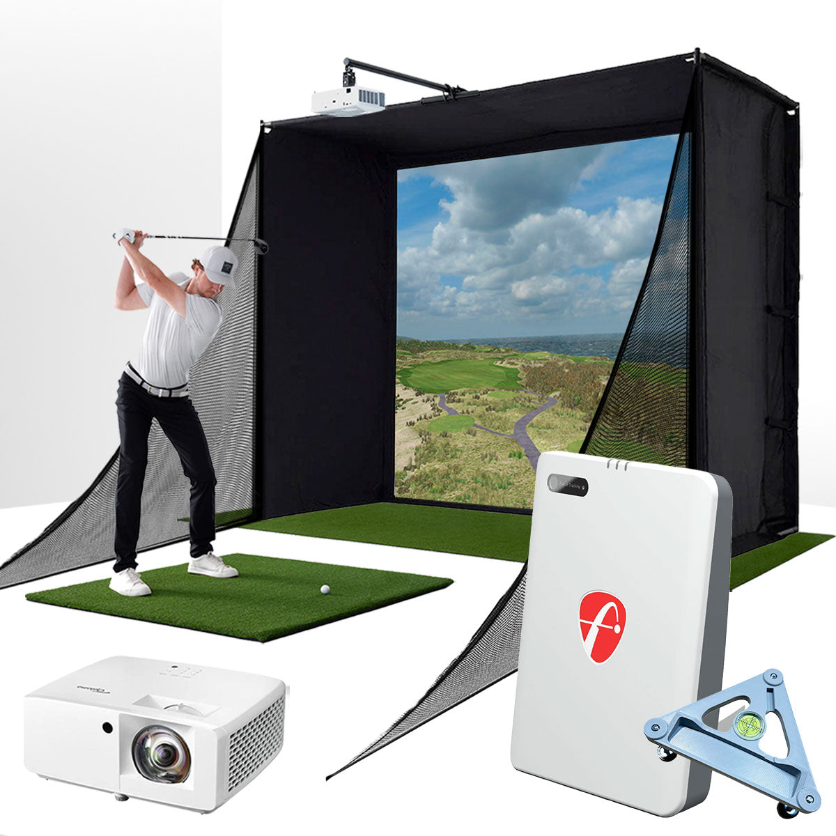 FlightScope Mevo Gen2 with PlayBetter SimStudio™ COMPLETE Package | Golf Simulator Studio with Impact Screen, Enclosure, Side Barriers, Hitting/Putting Mats, Projector & Alignment Stand