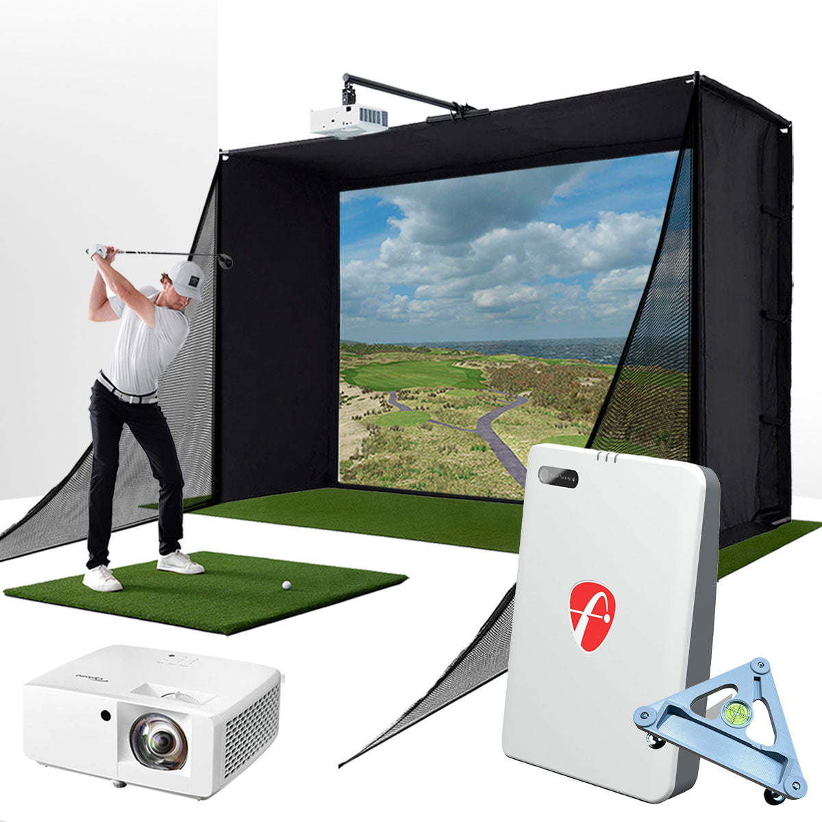 FlightScope Mevo Gen2 with PlayBetter SimStudio™ COMPLETE Package | Golf Simulator Studio with Impact Screen, Enclosure, Side Barriers, Hitting/Putting Mats, Projector & Alignment Stand