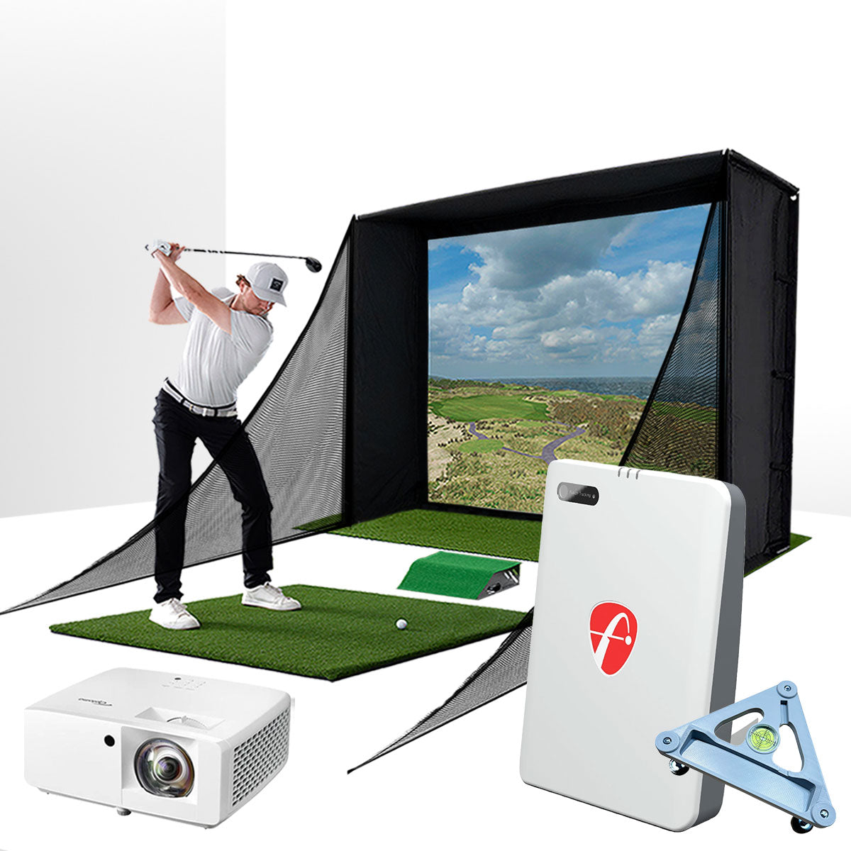 FlightScope Mevo Gen2 with PlayBetter SimStudio™ COMPLETE Package | Golf Simulator Studio with Impact Screen, Enclosure, Side Barriers, Hitting/Putting Mats, Projector & Alignment Stand