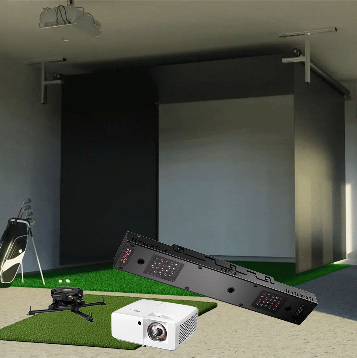 Uneekor EYE XO2 SportScreen Vanish Retractable Golf Studio Complete Package | Home Golf Simulator Studio with Impact Screen, Enclosure, Hitting Mat, Putting Turf & Projector