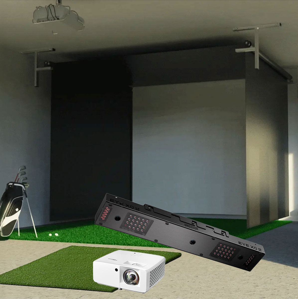 Uneekor EYE XO2 SportScreen Vanish Retractable Golf Studio Complete Package | Home Golf Simulator Studio with Impact Screen, Enclosure, Hitting Mat, Putting Turf & Projector