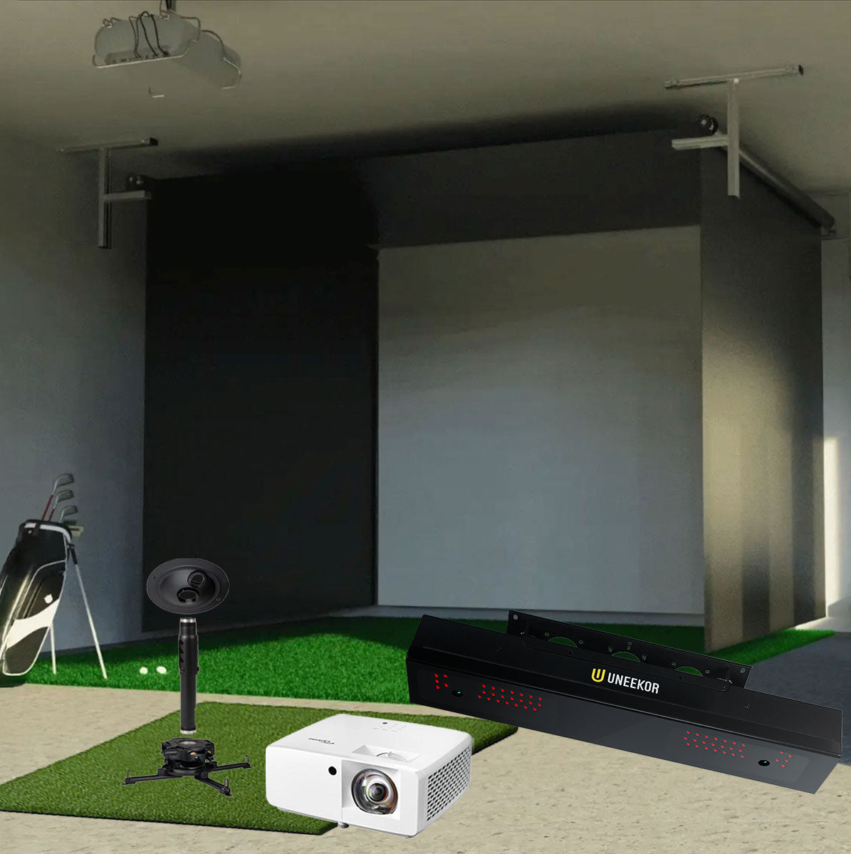 Uneekor EYE XR SportScreen Vanish Retractable Golf Studio Complete Package | Home Golf Simulator Studio with Impact Screen, Enclosure, Hitting Mat, Putting Turf & Projector