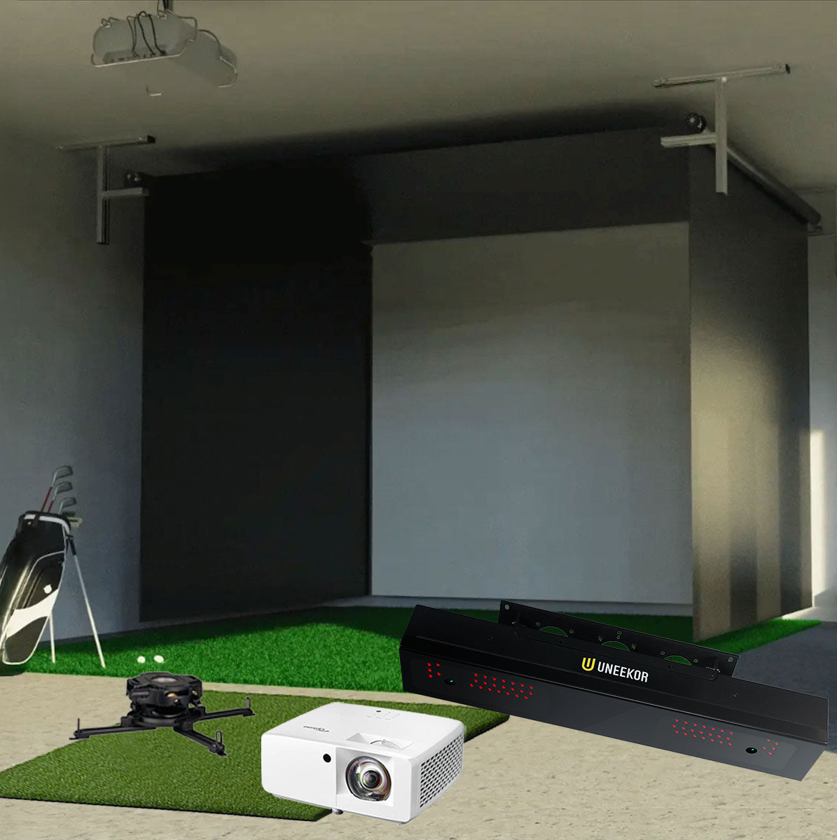 Uneekor EYE XR SportScreen Vanish Retractable Golf Studio Complete Package | Home Golf Simulator Studio with Impact Screen, Enclosure, Hitting Mat, Putting Turf & Projector