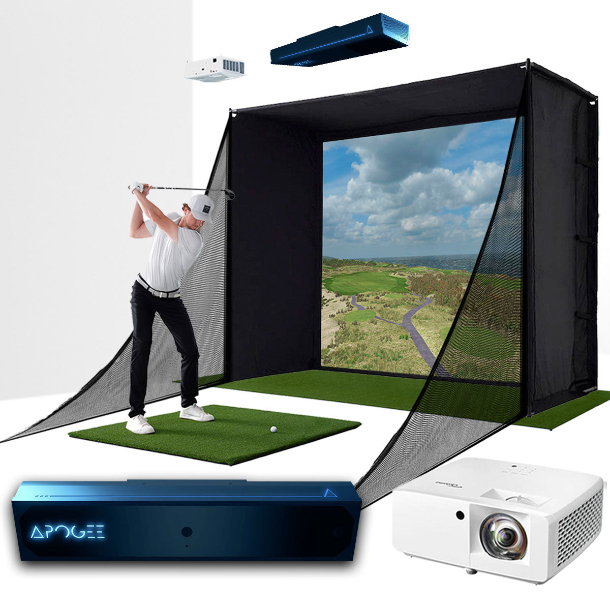 TruGolf APOGEE with PlayBetter SimStudio™ COMPLETE Package | Golf Simulator Studio with Impact Screen, Enclosure, Side Barriers, Hitting/Putting Mats & Projector