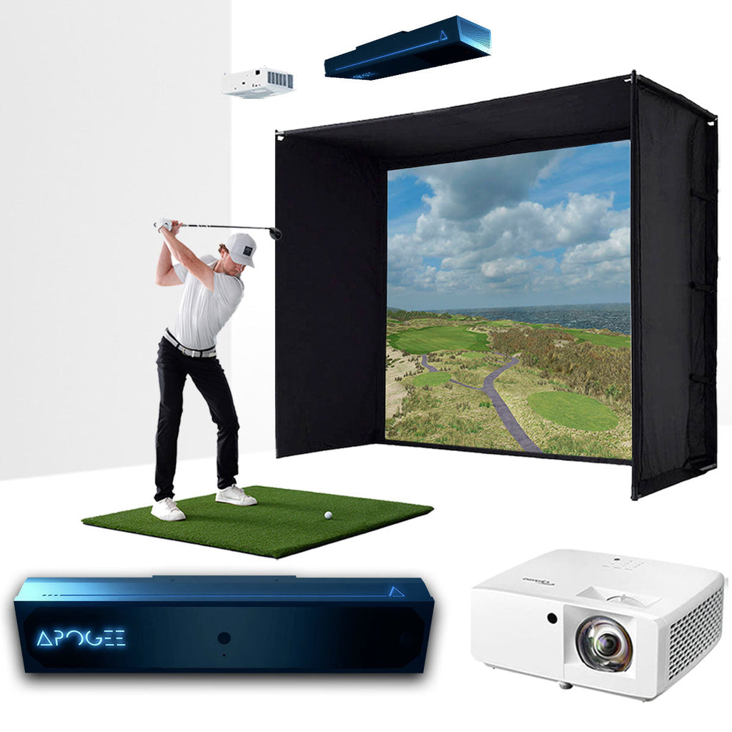 TruGolf APOGEE with PlayBetter SimStudio™ ESSENTIALS Studio Package | Home Golf Simulator Package with Impact Screen, Enclosure, Hitting Mat & Projector