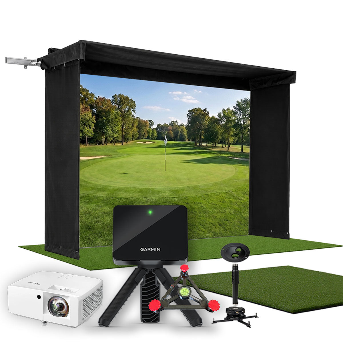 Garmin Approach R10 SportScreen Vanish LITE Hybrid-Retractable Golf Studio Complete Package | Home Golf Simulator Studio with Impact Screen, Enclosure, Hitting Mat, Putting Turf & Projector